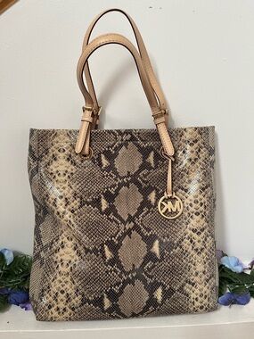Michael Kors Snake-Print Leather Tote in Beige and Brown